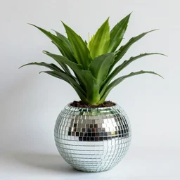 a ZZ plant in a pot made out of a mirror ball