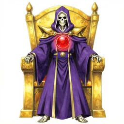 a skeleton in a purple robe, golden magical shoulder pads, in a hood, a red magic sphere in the chest, he stands next to the golden throne, manga, anime overlord, hand drawn, proportions, 2d