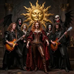 musicians collide with the multidimensional, sun god, death god, smile, monster teeth covered in red, dark and mysterious, full body, rococo, cinematic, epic, very detailed, full body