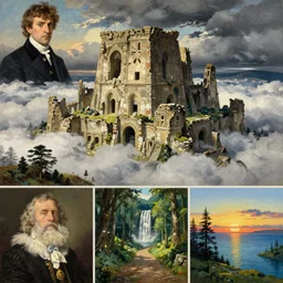 painting by sargent and leyendecker and greg hildebrandt, apollinaris vasnetsov, savrasov levitan polenov, studio ghibly style mononoke, huge old ruins giovanni paolo panini, middle earth above the layered low clouds waterfall road between forests big lake wide river trees sunrise sea bay view faroe azores overcast storm masterpiece