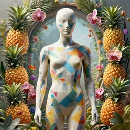 “ a beautiful mannequin covered in geometrical 3 d print, a portal to a new world, flowering pineapples and orchids, transcendent, vibrant color, clean linework, finely detailed, 4 k, trending on artstation, photorealistic, volumetric lighting, octane render ”