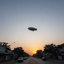streets of delhi, sunset, airship in the sky, clear skies in the distance, hyperreal, artstation