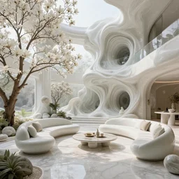 highly detailed villa garden natural beautiful light interior soft cinematic composition of a smooth ceramic porcelain biophilic stone nebula fluid white magnolias surreal scifi architecture cyberpunk giger landscape, furniture, granite, trees, marble, vincent callebaut composition, 8 k, unreal engine, hdr
