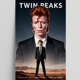 Twin Peaks poster artwork by Michael Whelan and Tomer Hanuka, Karol Bak, Rendering of David Bowie as secret agent, from scene from Twin Peaks, full of details, by Makoto Shinkai and thomas kinkade, Matte painting, trending on artstation and unreal engine