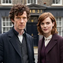 sherlock bbc movie two parts : katie holmes dressed as sherlock at left, emma watson at right, baker street 2 2 1 b at background, 8 k, hd, cinematic, ultra detailed faces, movie still