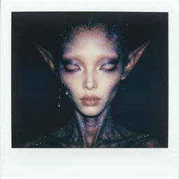 grainy color polaroid of a beautiful feminine alien being consumed by darkness, iridescent eyes, dreamlike, digital art, intricate detail, 4k, hd