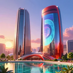 highly detailed futuristic architecture by Frank Lloyd Wright and Zaha Hadid, reflective lighting, huge holographic logo, ground-level view, puddles of turquoise water, stunning sunny lighting, sunrise, vivid colors, in the style of pixar animation, trending on Artstation, 8k, matte painting, ray tracing, hyper detailed, unreal engine 5, cinematic, epic lighting, cryengine, octane render, cyberpunk, red and orange glow, vibrant