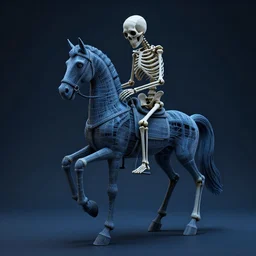 a scuplture of a sad skeleton riding a horse with very long legs and neck, haunted, plastic, wire, blue, hyperdetailed, ultra realistic, octane render, 8 k, cinematic, atmospheric lighting, dark volumetric lighting