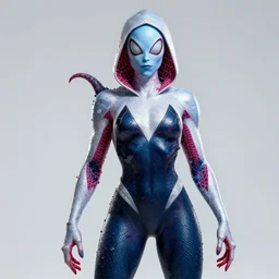 a portrait photograph of spider gwen as a mutated reptilian super villian with slimy amphibian blue skin. she is wearing a living organic suit with tendrils and slime and posing. by donato giancola, hans holbein, walton ford, gaston bussiere, peter mohrbacher and brian froud. 8 k, cgsociety, fashion editorial