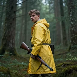 portait of a soldier wearing a yellow raincoat, venturing through a dense forest, carrying a rifle. realistic 4 k octane render, epic composition, magical atmosphere, ultra hd, masterpiece by simon stalenhag and anton fadeev, trending on artstation, looking back over shoulder, extremely detailed, gorgeous