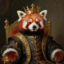 red panda as a king on his throne, crown on his head, portrait painting, 1 7 th century clothes, concept art, artstation, detailed, greg rutkowski