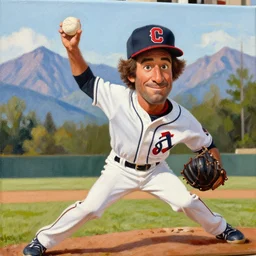 a closeup photorealistic photograph of bob ross painting an image of kenny powers pitching a baseball on a canvas. mountains and trees. film still. brightly lit scene. this 4 k hd image is trending on artstation, featured on behance, well - rendered, extra crisp, features intricate detail, epic composition and the style of unreal engine.