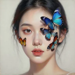 a woman with butterflies on her face. beautiful highly detailed face. painting by artgerm and greg rutkowski and raymond swanland.