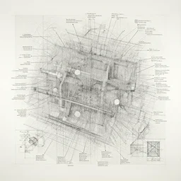 An artwork made from layers of technical drawings and architectural plans, very detailed and intricate with callout texts, leaders, arrows and bubbles by Kim Jung Gi and Hasui Kawase