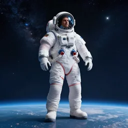 wide angle full body of man in cosmos in space suit as unimaginably beautiful, gorgeous, elegant, young astronaut, anime, manga, kim jung gi, irakli nadar, bright colors, starts shining, intricate linework, white fur, unreal engine 5 highly rendered, global illumination, radiant light, detailed, golden hour