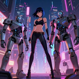 city shot, scifi robots, fetish lady, neon lights, james gurney, katsuhiro otomo, james paick, cinematic lighting, artstation, vibrant nature, anime style, Craig Mullins, Greg Rutkowski, Pete Morbacher, Tuomas Korpi, tekkon kinreet, volumetric light, artstation, , octane render, redshift render, low angle camera
