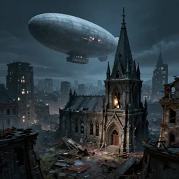 victorian city in ruins at night, crashed zeppelin in the background, digital art, high definition