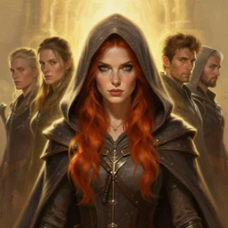 the elder scrolls vi, charismatic hooded rugged female redhead breton battlemage portrait, illustration, rim light, top light, perfectly shaded, golden hour, epic, intricate, soft painting, by leesha hannigan, ross tran, thierry doizon, kai carpenter, ignacio fernandez rios