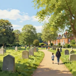 a walk through highgate cemetery, waterlow park then around highgate village in north london. volumetric lighting, summer, late morning, nice weather, few clouds, realistic illustration, perfectly shaded, soft painting, art by krenz cushart and wenjun lin
