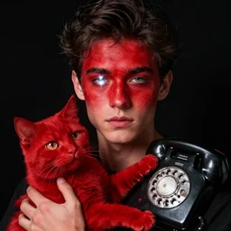 young man's face painted red on black background, white gleam of light over his eye, holding a red cat, touch tone telephone album digital art