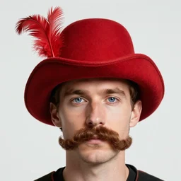 Caucasian European Man with blue eyes and brown curly mustache wearing a red musketeer hat with a single feather on it. Clean Shaven. D&D Character Head and Shoulders Portrait. EPIC RPG Digital Artwork. 4K. Detailed Drawing. Trending on Artstation.