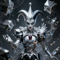 front shot of a court jester character mesmerizing fractal hyper cubes platinum cracked dark future hyper dimensional space galactic cryst edges elegant detailed concept artstation sharp focus ray tracing cinematic masterpiece fine portrait poly lush geode
