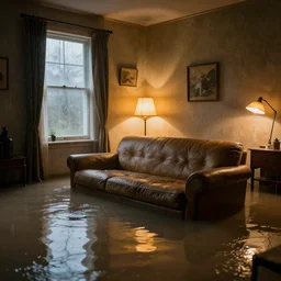 flooded old bedroom with the lights still on, couch floating on the water