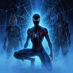spider wiz khalifa in the mist, cold blue, ominous, webs, in the style of artgerm and charlie bowater and atey ghailan and mike mignola, epic lighting, vibrant colors and hard shadows and strong rim light, very coherent, comic cover art, plain background, trending on artstation