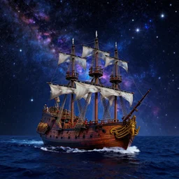 photograph of a pirate ship traveling through sea of colorful stars, breathtaking stars, interstellar, concept art, NASA, 4K, Detailed, HDR