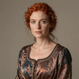 a rustic woman wearing a silk dress, detailed face, redhead, by greg rutkowski, mandy jurgens