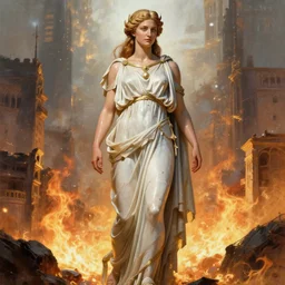 full body portrait of beautiful greek god, standing amidst a blazing city, tattered robes, by terry o'neill intricate, elegant, highly detailed, digital painting, glistening skin, artstation, concept art, smooth, sharp focus, bright lighting, illustration, art by artgerm and greg rutkowski and alphonse mucha, 8 k