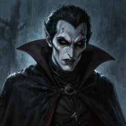 a vampire, pale, cloaked, scarred, wet, raining, close up, rim lighting, portrait, sinister atmospheric lighting. highly detailed painting by greg rutkowski, anime style