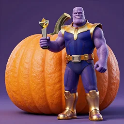 Purple Thanos standing beside his award-winning, best in show giant pumpkin, 4k photo, award-winning