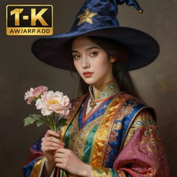 an anthropomorphic beautiful female scientist portrait holding a flowers wearing colourful robe, fine art, award winning, intricate, elegant, sharp focus, octane render, hyperrealistic, wizard hat cinematic lighting, highly detailed, digital painting, 8 k concept art, art by jamie hewlett and z. w. gu, masterpiece, trending on artstation, 8 k