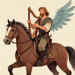 illustration of gordan freeman as a bard, playing a lyre and riding a horse by greg rutkowki, bayard wu
