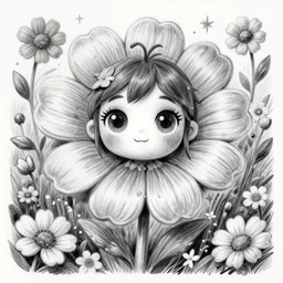 a portrait of a cute flower fairy with whimsical big eyes in a garden and surrounded by flowers, pencil drawing, black and white, trending on artstation, behance, deviantart, drawn by tom lovell, artgerm, jsc, j. scott campbell