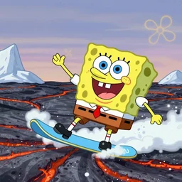 spongebob snowboarding on lava