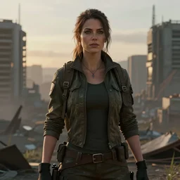 portrait of a survivalist woman in a post apocalyptic city at dawn, beautiful digital concept art trending on artstation, ultra - realistic lifelike high details, cinematic lighting dystopian art
