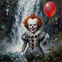 grunge painting of a waterfall with a wide smile and a red balloon by simon stålenhag, loony toons style, pennywise style, corpse bride style, creepy lighting, horror theme, detailed, elegant, intricate, conceptual, volumetric light
