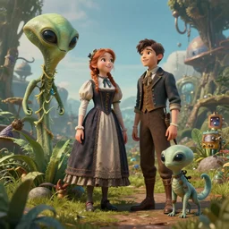 detailed, sharp, a girl and a boy standing next to some alien plants, looking happy, wearing victorian clothes, their small pet alien creature is standing nearby, in a park on an alien planet, steampunk, extremely highly detailed, hyperrealistic, octane render, 8k, HD, good lighting
