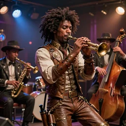 a steampunk black man with long curly hair jazz musicians playing at a night club, focus on the musicians, cinematic lighting, exaggerated detailed, unreal engine, octane render, trending on artstation, art by greg rutkowski, 4 k