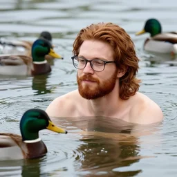 a photo of a handsome guy with chestnut hair long hair short beard glasses swimming among mallards