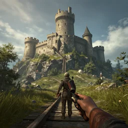 Сastle on the rock, first person POV, Unreal Engine, Greg Rutkowski, ArtStation