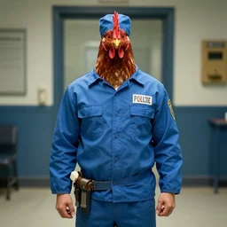 chicken dressed as an inmate, real photography, police station
