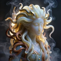 medusa with snake hair made of soft translucent wax, wooden art nouveau swirls, strong subsurface scattering, smoke, tubes, gold elements, subsurface scattering, in the style of irakli nadar and kai carpenter, subsurface scattering, mystical colors, back light, rim light, dramatic lighting, 8 k, stunning scene, octane render, artstation
