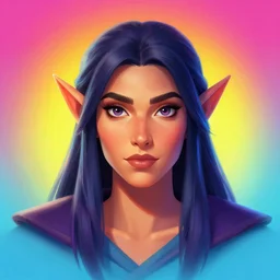 front facing symmetrical centered painted portrait, just one head, Maya Ali as a Sorcerer, RPG character avatar, World of Warcraft concept art, pixar, dreamworks, vivid bright gradient background, global illumination lighting, trending on artstation, by lois van baarle, ilya kuvshinov, rossdraws