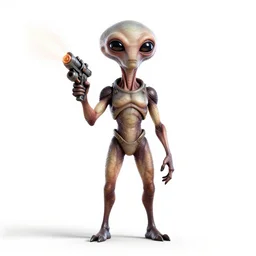 mysterious martian with ray gun, stylized pixar-style 3d render, full body, standing, isolated on a pure white background, centered, whole figure in frame, sharp focus, studio lighting