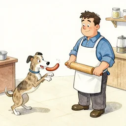 cute and funny, greyhound stealing sausages from a butcher. butcher is wearing apron and holding rolling pin. ratfink style by ed roth, centered award winning watercolor pen illustration, isometric illustration by chihiro iwasaki, the artwork of r. crumb and his cheap suit, cult - classic - comic, edited by range murata
