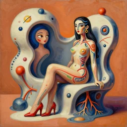 an extremely high quality hd surrealism warm painting of a 4 d perspective neon complimentary - colors cartoon surrealism melting sculpture composition of zaha hadid biological anatomical seated woman in red heels by a much more skilled version of kandinskypicasso and salvia dali the fourth, salvador dali's much much much much more talented painter cousin, 8 k, ultra realistic, nerves, veins, arteries