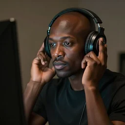 a bald black man playing on pc with headphones